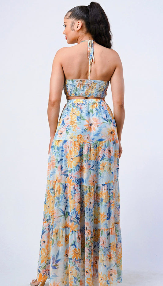 FLORAL HALTER SMOCKED SWEETHEART MAXI DRESS