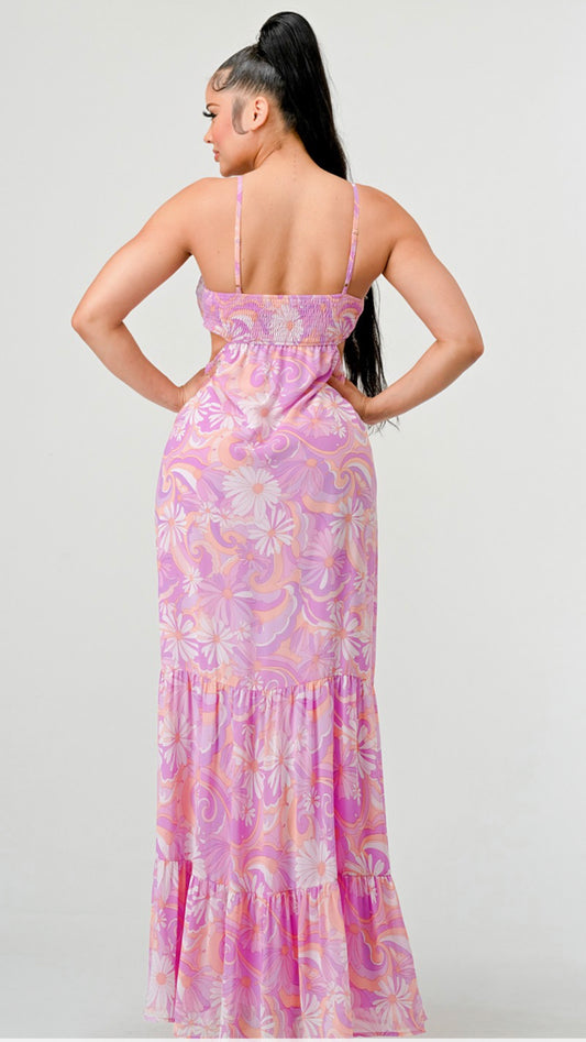 FLORAL CHIFFON DRAWSTRING FRONT TIE MAXI DRESS