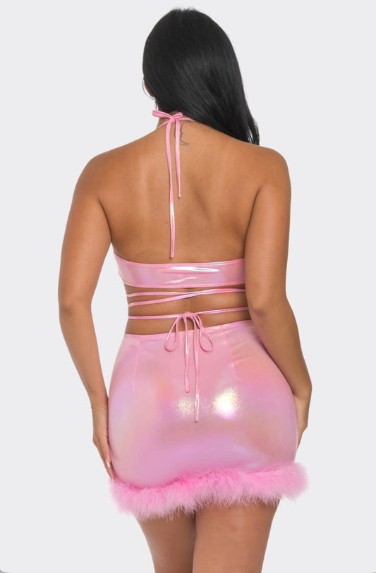 FUR DETAIL BIKINI TOP AND SKIRT SET - pink