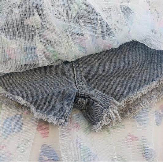 Denim Butterfly Mesh Layer Denim Shorts