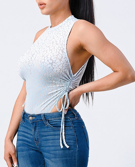 VELVET LEOPARD SIDE SHIRRING EXTREME CUT BODYSUIT