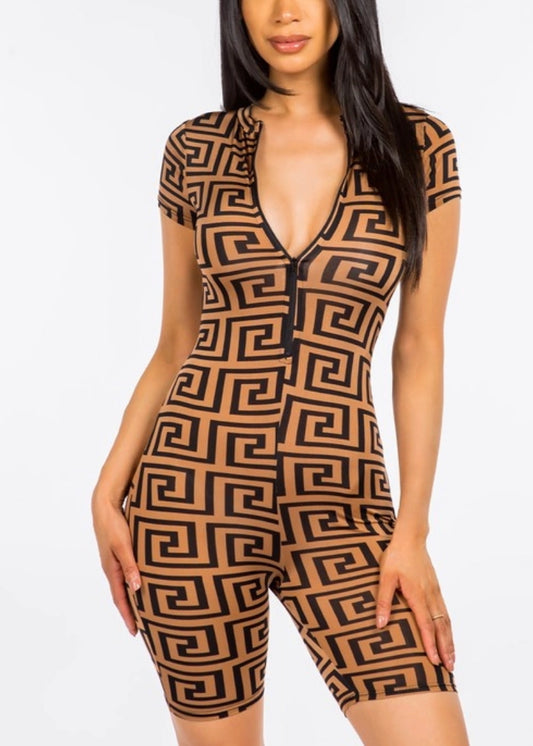 Zipper Print Biker Romper
