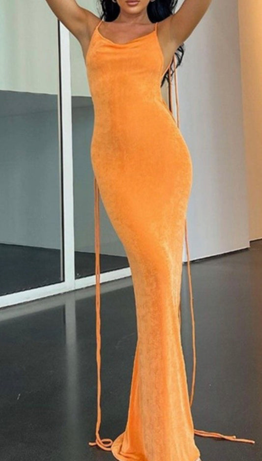 Drawstring Open Back Dress - ORANGE