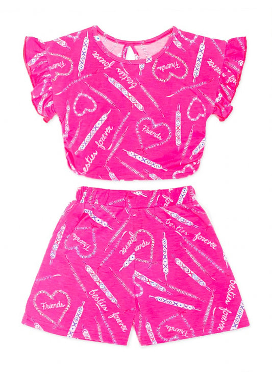 2p Set Heart Print Short Set w/ Ruffle Sleeve