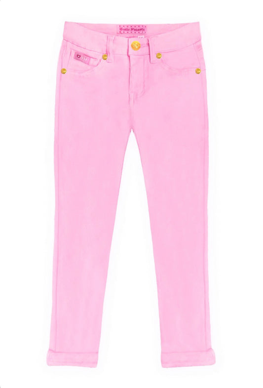 Pink Stretch Denim Jeans w/ Roll-up - Rose Gold Buttons