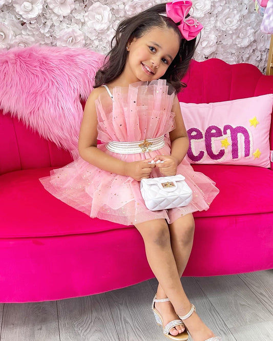 Kids BIRTHDAY TUTU DRESS with belt. Multi Pink & Sparkle Pink