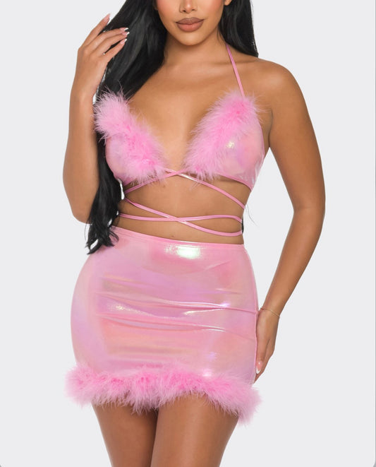 FUR DETAIL BIKINI TOP AND SKIRT SET - pink