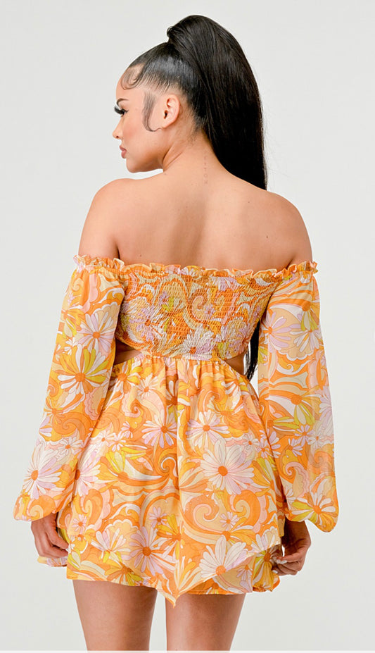 FLORAL PEBBLE CHIFFON PRINT RUFFLE MINI DRESS - Yellow