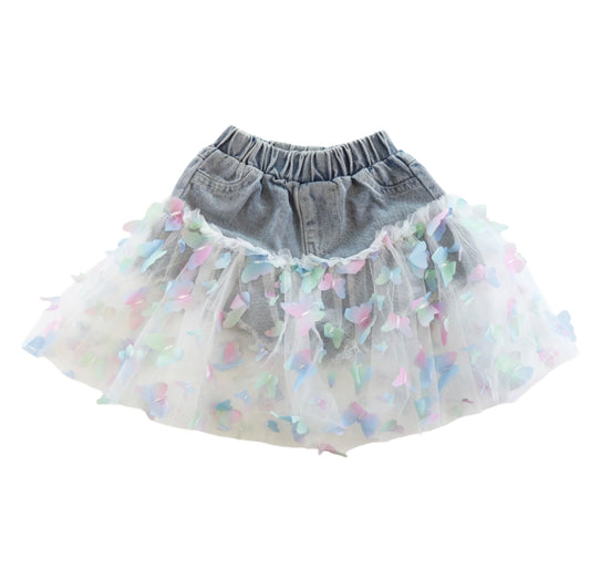 Denim Butterfly Mesh Layer Denim Shorts