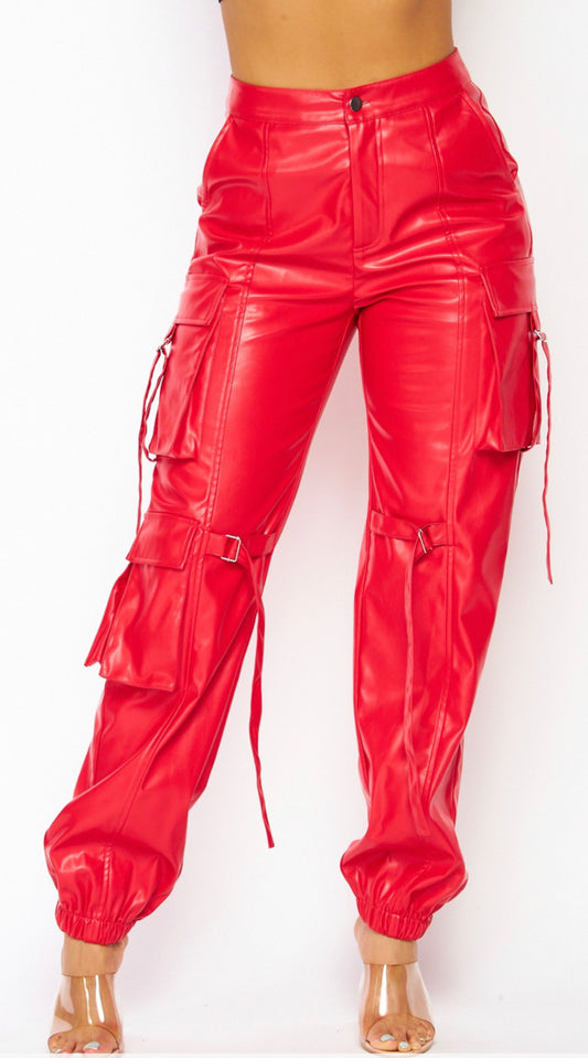 Faux Leather Cargo Pocket Jogger Pants- RED