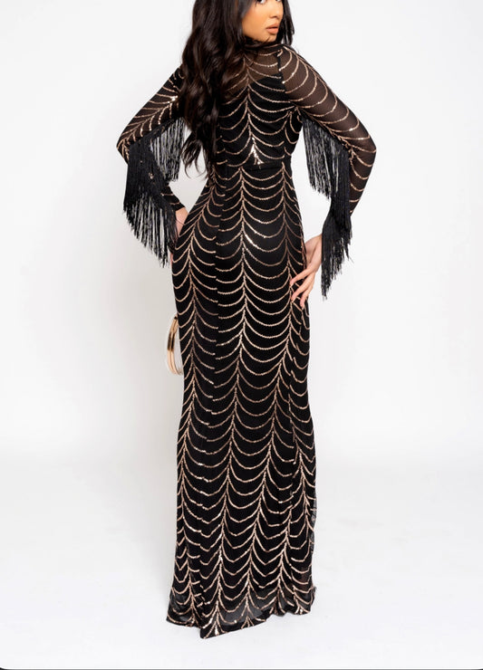 Hypnotic Black Gold Luxe Tassel Fringe Sequin Maxi Dress