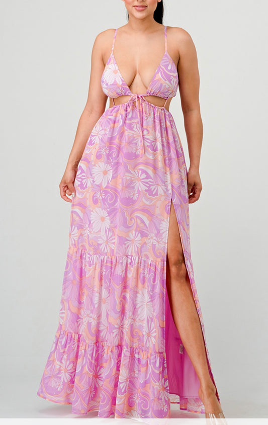 FLORAL CHIFFON DRAWSTRING FRONT TIE MAXI DRESS