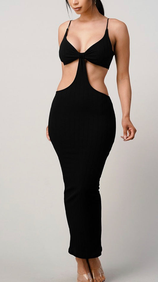 V NECK SPAGHETTI STRAP FRONT TIED KNOT CUT OUT RIBBED MIDI LENGTH DRESS Pink / Black