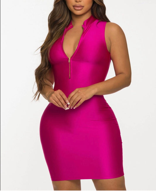 Front Zipper Nylon Mini Dress