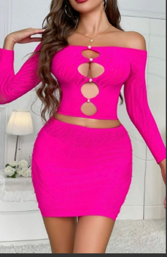 Sexy Long-Sleeved Two-Piece Mesh Set - BLACK AND PINK