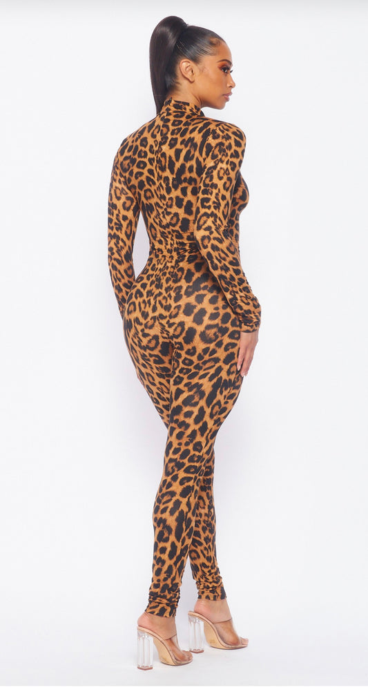 ANIMAL PRINT MOCK NECK JUMPSUIT