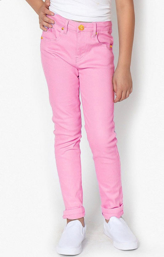 Pink Stretch Denim Jeans w/ Roll-up - Rose Gold Buttons
