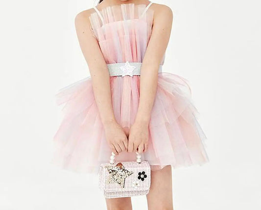Kids BIRTHDAY TUTU DRESS with belt. Multi Pink & Sparkle Pink