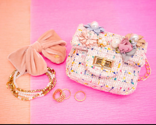 Mini Tweed Pearly Florals Crossbody - PINK