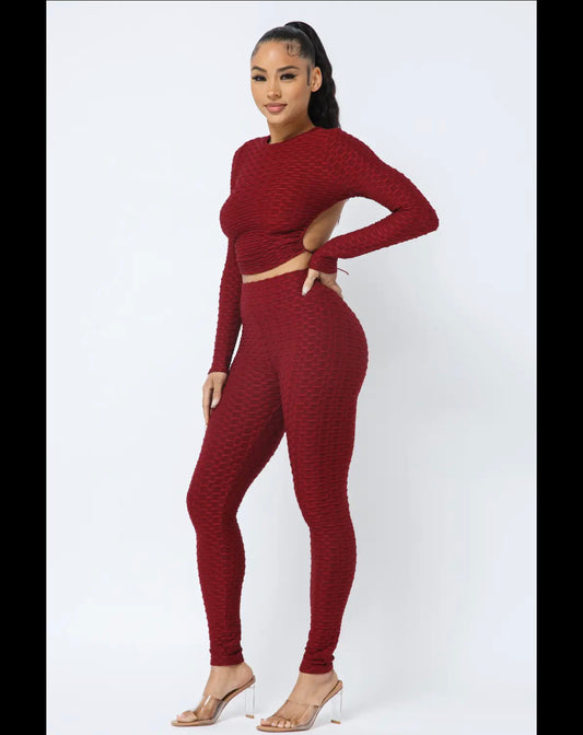 Honeycomb Open Back Tie Top and Leggings Set- Wine