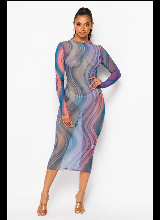 Women’s Wavy Sheer blue Mesh Printed Midi Dress