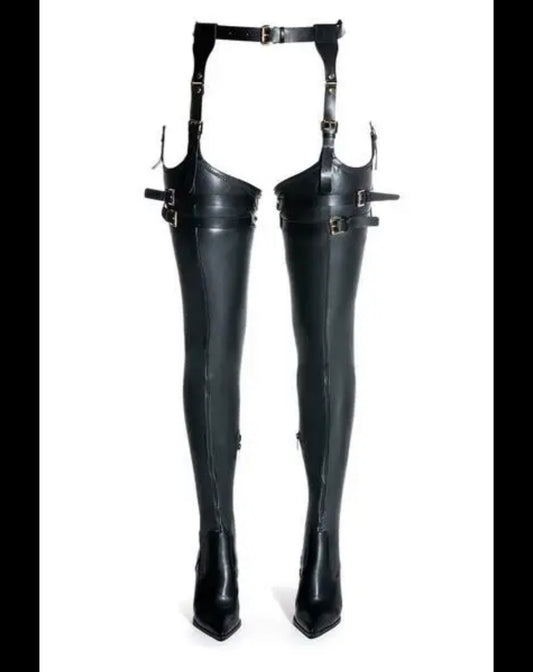 Women’s Black Leather Belted Thigh High Boots