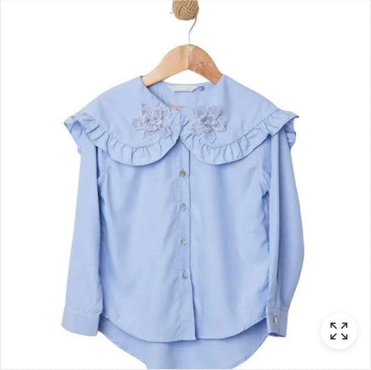 Shirt with Ruffled Collar. Blue