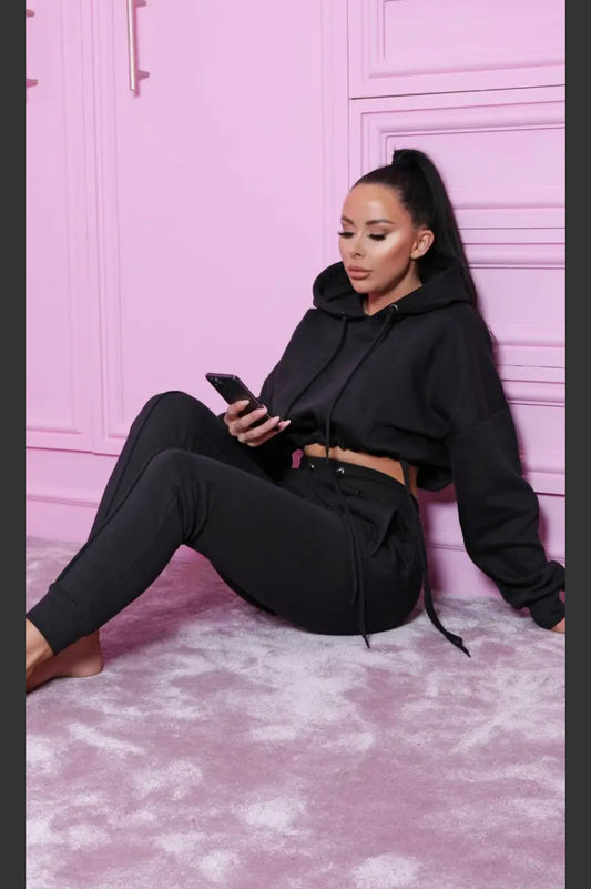 Women Cropped Hoodie Cuffed Joggers Loungewear Set