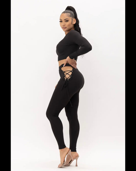 Women’s Round Neck Crop Top And Open Side Leggings Set - 2 piece set