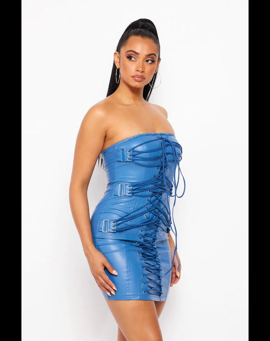 Women’s PU Faux Leather Strapless Lace Up Dress