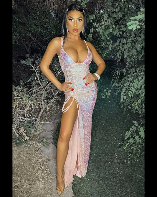 Women’s Magestic Premium Blush Pink Holographic Strappy Ruched Drawstring Slit Plunge Sequin Maxi Dress