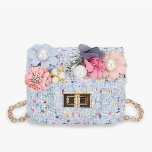 Mini Tweed Pearly Florals Crossbody - Blue