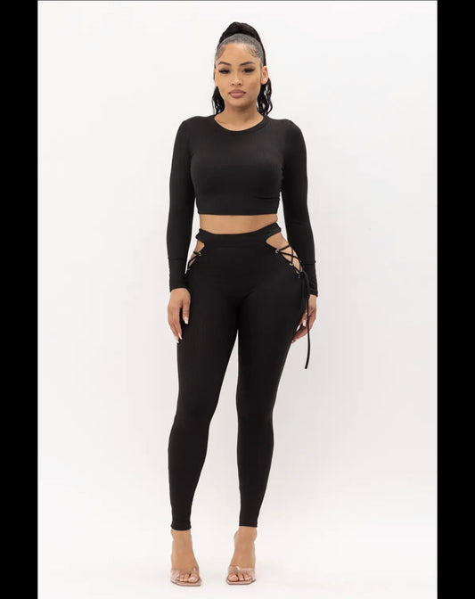Women’s Round Neck Crop Top And Open Side Leggings Set - 2 piece set