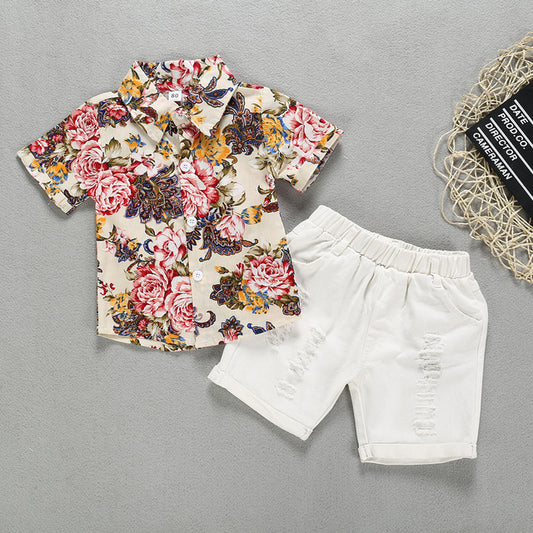 Solid Break Hole Shorts 2pcs kids Cotton Casual Outfits