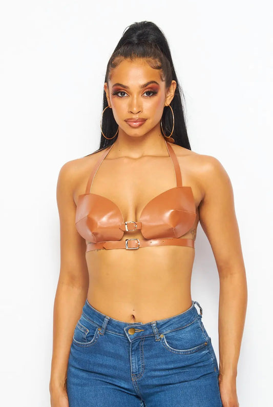 Women’s Vegan Leather Buckled Halter Bra Top