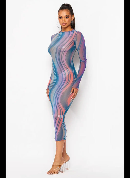 Women’s Wavy Sheer blue Mesh Printed Midi Dress