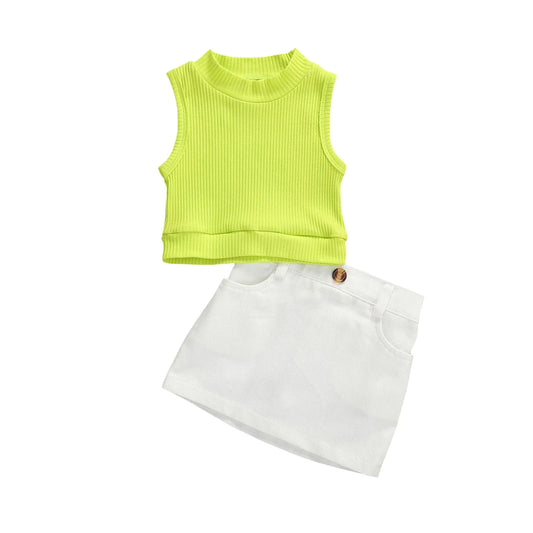 Neck Sleeveless Ribbed Vest Tops+Mini Skirts 2Pcs Baby Girl Clothes Sets
