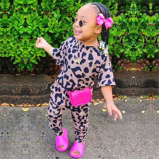 Leopard Printed Girls Short Sleeve Suit Set