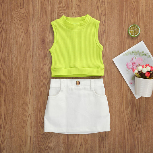 Neck Sleeveless Ribbed Vest Tops+Mini Skirts 2Pcs Baby Girl Clothes Sets