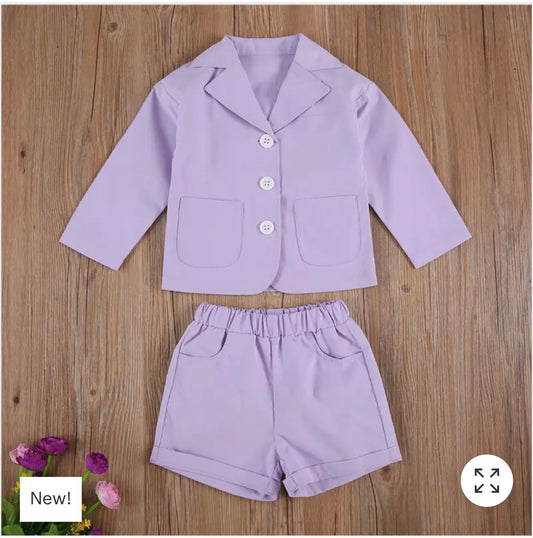 Purple Trendy Blazer Set Long Sleeve Coats Tops+Shorts Kids
