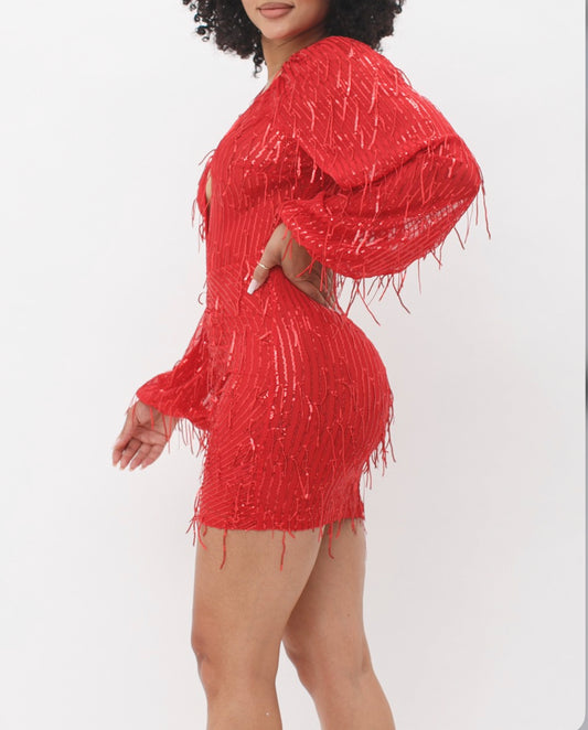 DRIP SEQUINS LONG SLEEVE MINI DRESS - RED