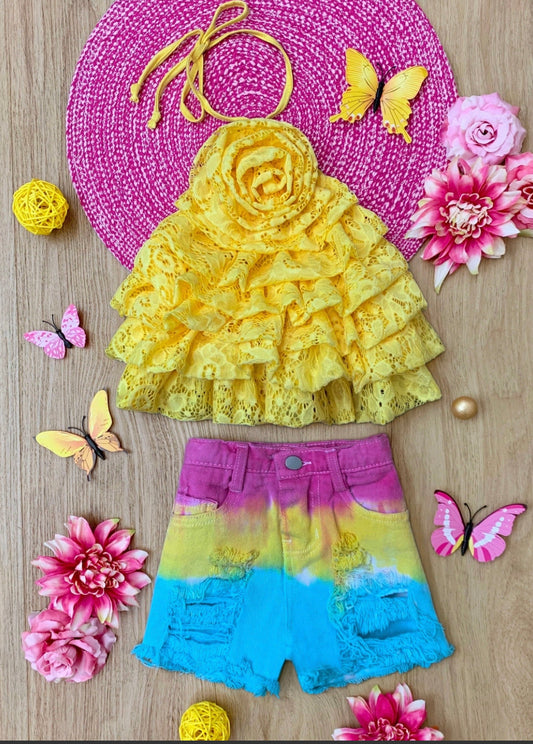Yellow Rose Tiered Top and Shorts SET