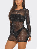 PEARL DETAIL MESH LONGSLEEVE DRESS