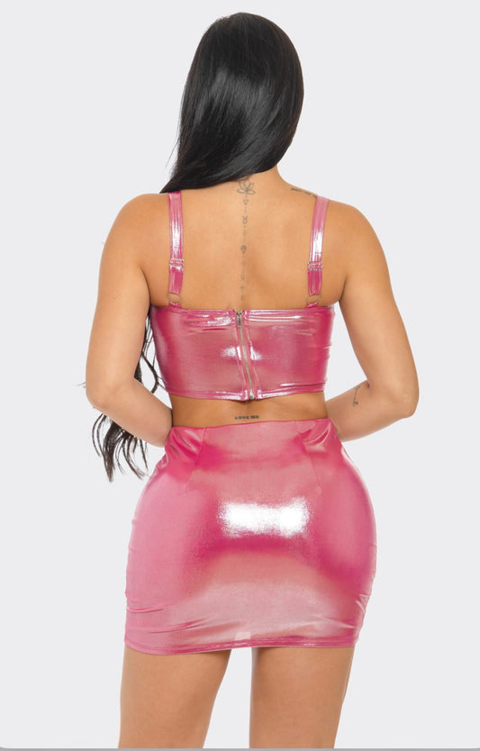 Crop Top Mini Skirt Set- pink/silver