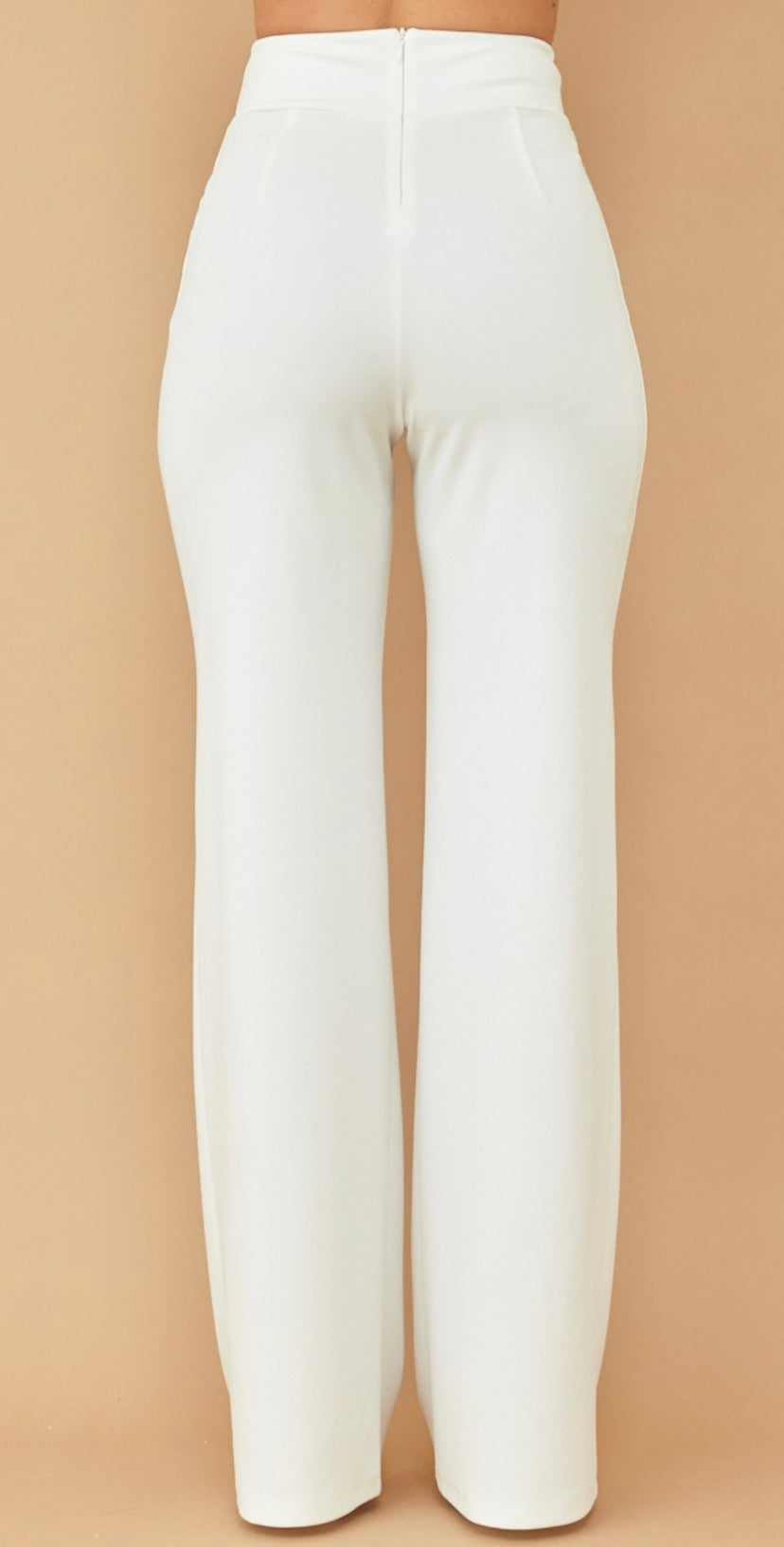 BUCKLE DETAIL HIGH WAIST PANTS- white.