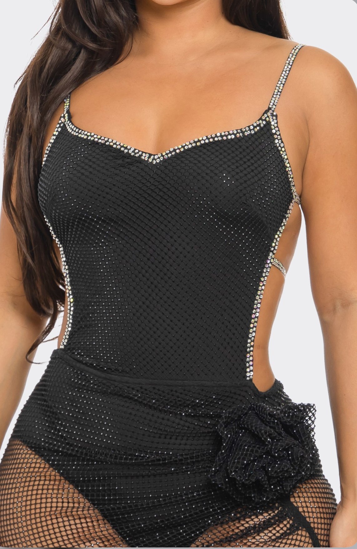 RHINESTONE FISHNET CORSAGE MAXI DRESS