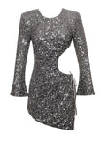 Grey Sequin Long Sleeve Cutout Slit Dress