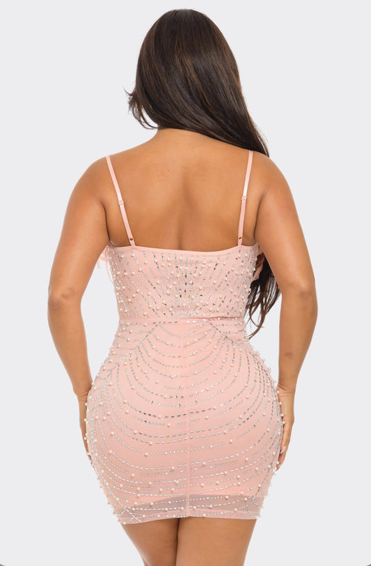 RHINESTONE/PEARL STUDDED FEATHER BODYCON DRESS