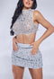 Rhinestone Mesh Crop Top and Skirt Set - SILVER