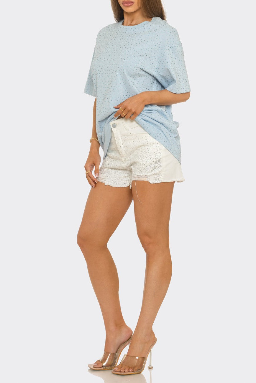 Rhinestone Studded Oversized Tee - baby blue